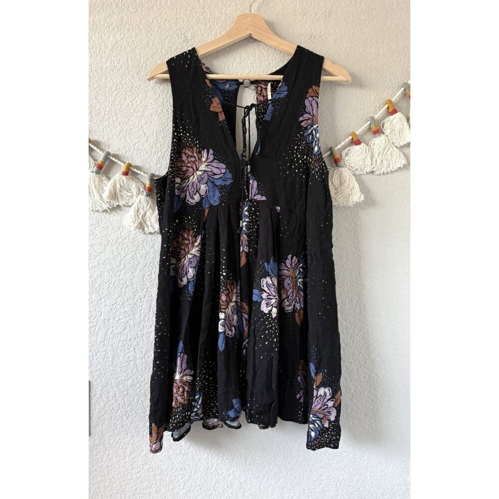 Free People Lovely Day Black Floral Tunic Mini Dress Fairy Whimsical Boho S
